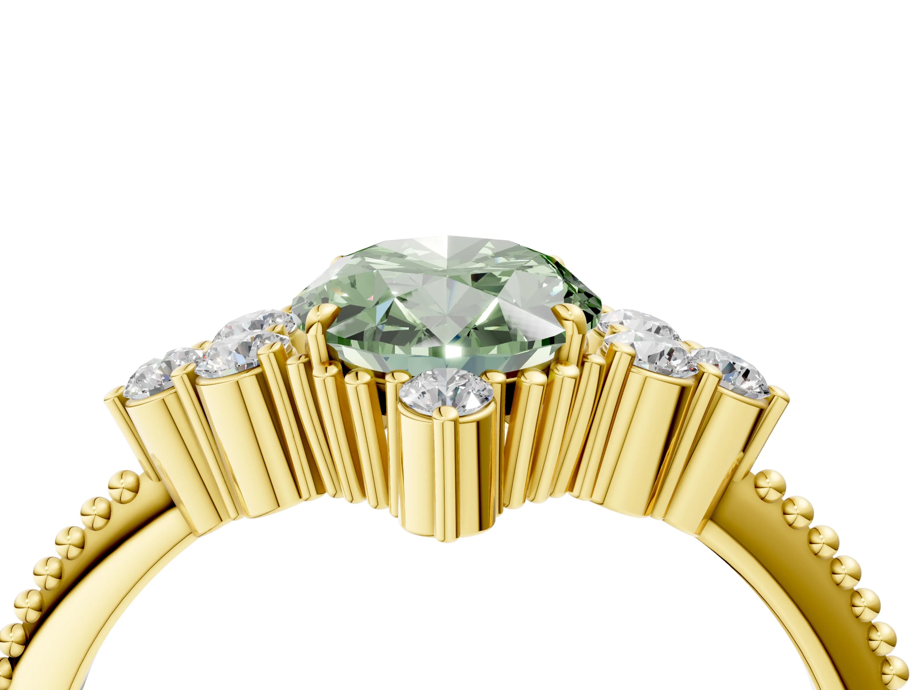 Yellow gold Fancy Green Oval Cut Brilliant Diamond with Cluster Setting on a Beaded Band and Four-Prong Setting_4