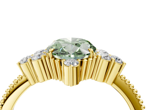 Yellow gold Fancy Green Oval Cut Brilliant Diamond with Cluster Setting on a Beaded Band and Four-Prong Setting_4