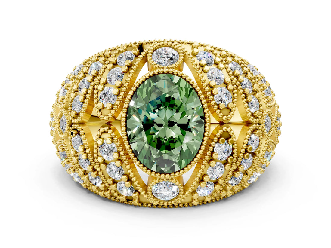 Yellow gold Fancy Green Oval Cut Brilliant Halo Pave Diamond Milgrain Ring
