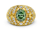 Yellow gold Fancy Green Oval Cut Brilliant Halo Pave Diamond Milgrain Ring