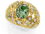 Yellow gold Fancy Green Oval Cut Brilliant Halo Pave Diamond Milgrain Ring_1