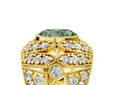 Yellow gold Fancy Green Oval Cut Brilliant Halo Pave Diamond Milgrain Ring_5