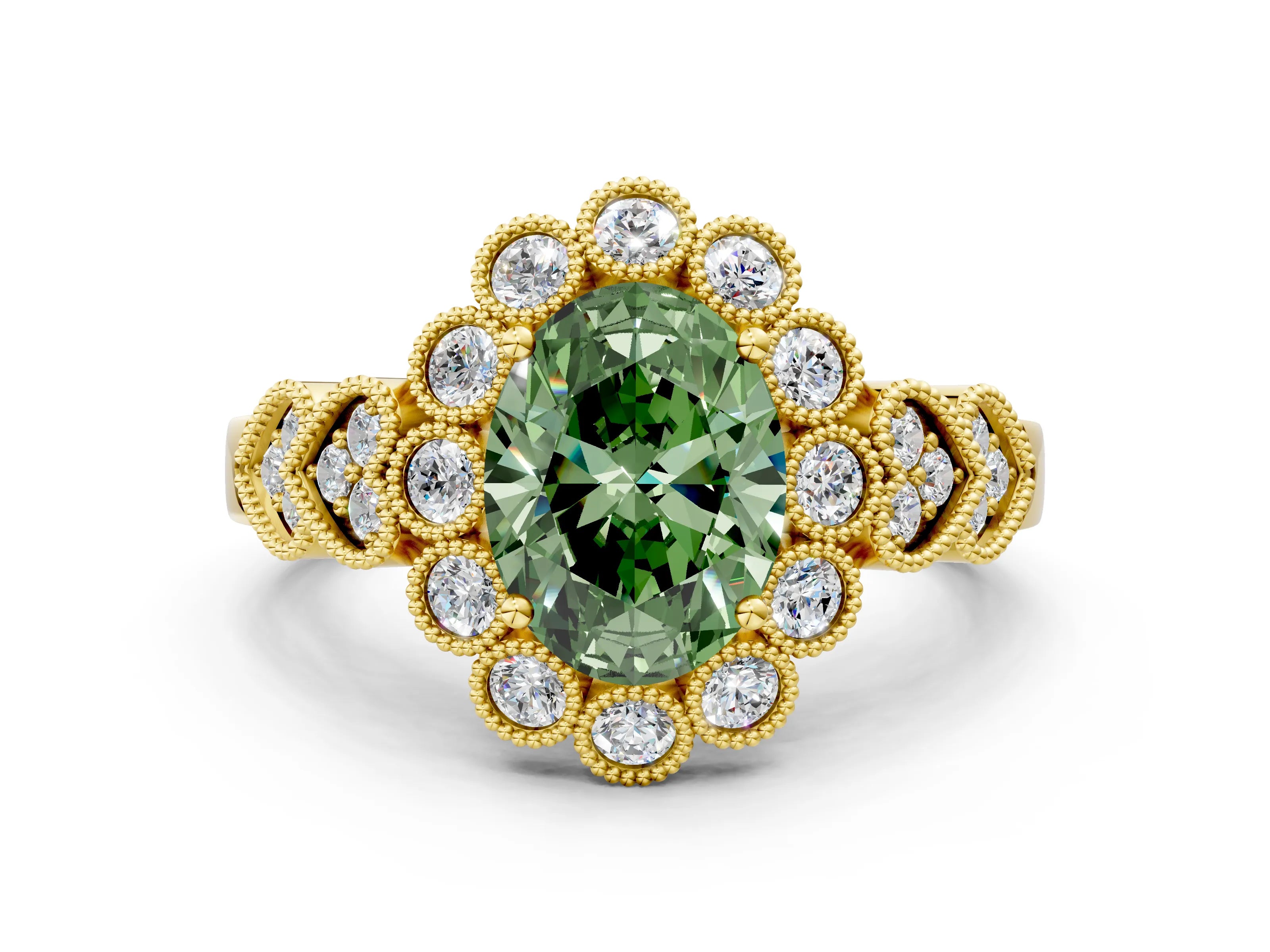 Yellow gold Fancy Green Oval Cut Brilliant Milgrain Pave Heart Band Solitaire Ring