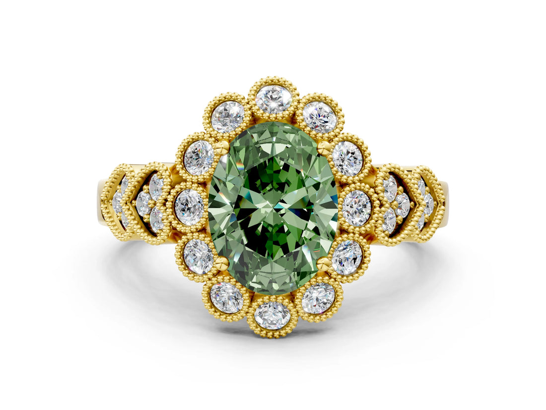 Yellow gold Fancy Green Oval Cut Brilliant Milgrain Pave Heart Band Solitaire Ring