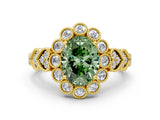 Yellow gold Fancy Green Oval Cut Brilliant Milgrain Pave Heart Band Solitaire Ring