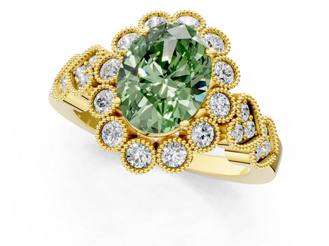 Yellow gold Fancy Green Oval Cut Brilliant Milgrain Pave Heart Band Solitaire Ring_1