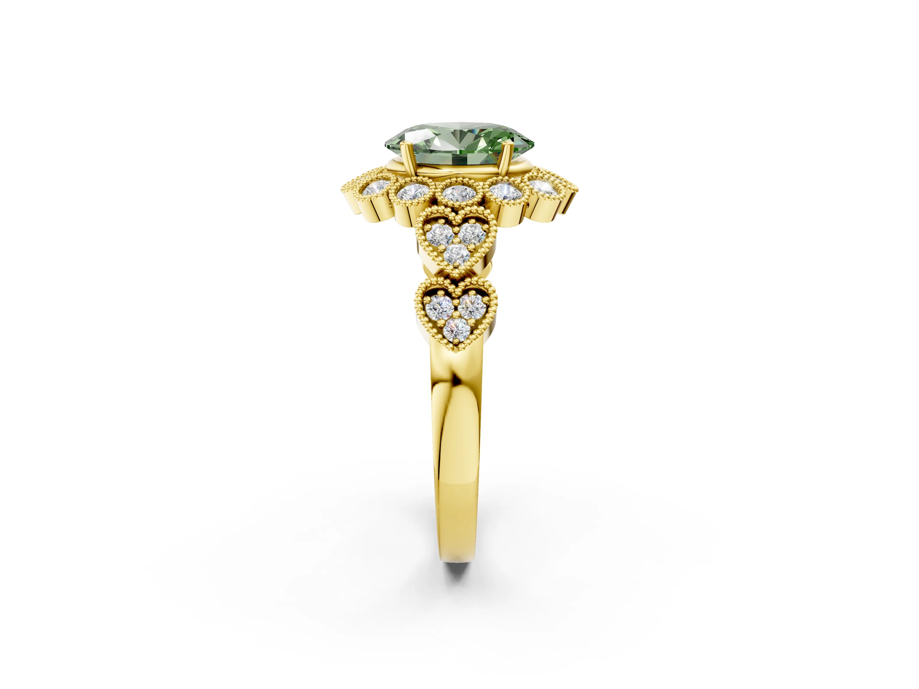 Yellow gold Fancy Green Oval Cut Brilliant Milgrain Pave Heart Band Solitaire Ring_2