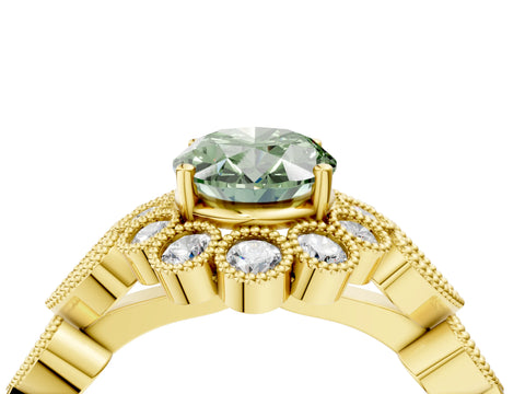 Yellow gold Fancy Green Oval Cut Brilliant Milgrain Pave Heart Band Solitaire Ring_4