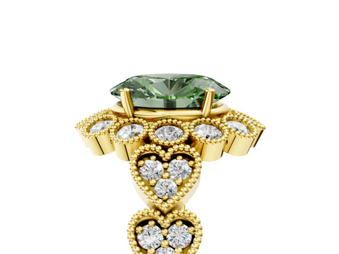 Yellow gold Fancy Green Oval Cut Brilliant Milgrain Pave Heart Band Solitaire Ring_5