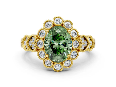 Yellow gold Fancy Green Oval Cut Brilliant Milgrain Pave Heart Band Solitaire Ring