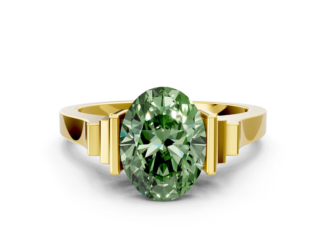 Yellow gold Fancy Green Oval Cut Brilliant Solitaire Diamond Ring with Channel Set Band and Bar Prong Setting
