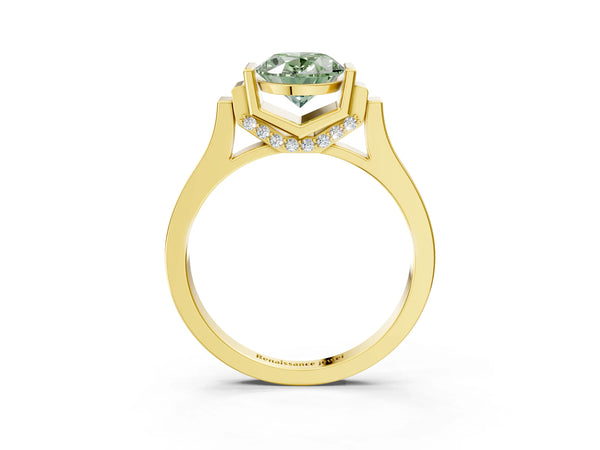 Yellow gold Fancy Green Oval Cut Brilliant Solitaire Diamond Ring with Channel Set Band and Bar Prong Setting