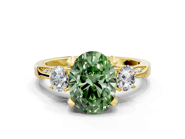 Yellow gold Fancy Green Oval Cut Brilliant Three-Stone Diamond Ring with Pavé Band and Four-Prong Setting