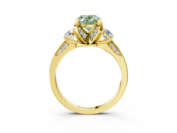 Yellow gold Fancy Green Oval Cut Brilliant Three-Stone Diamond Ring with Pavé Band and Four-Prong Setting