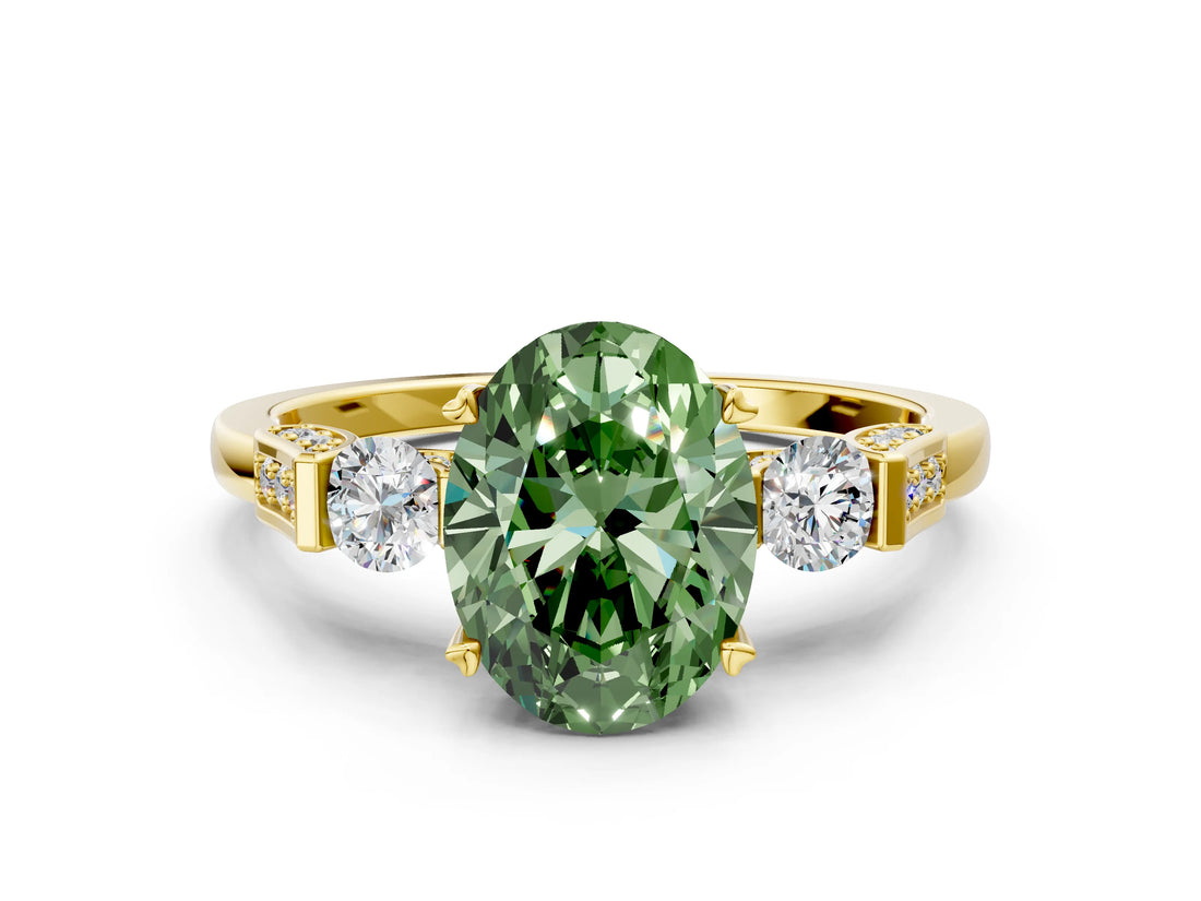 Yellow gold Fancy Green Oval Cut Brilliant Three-Stone Pave Band with Four-Prong Setting