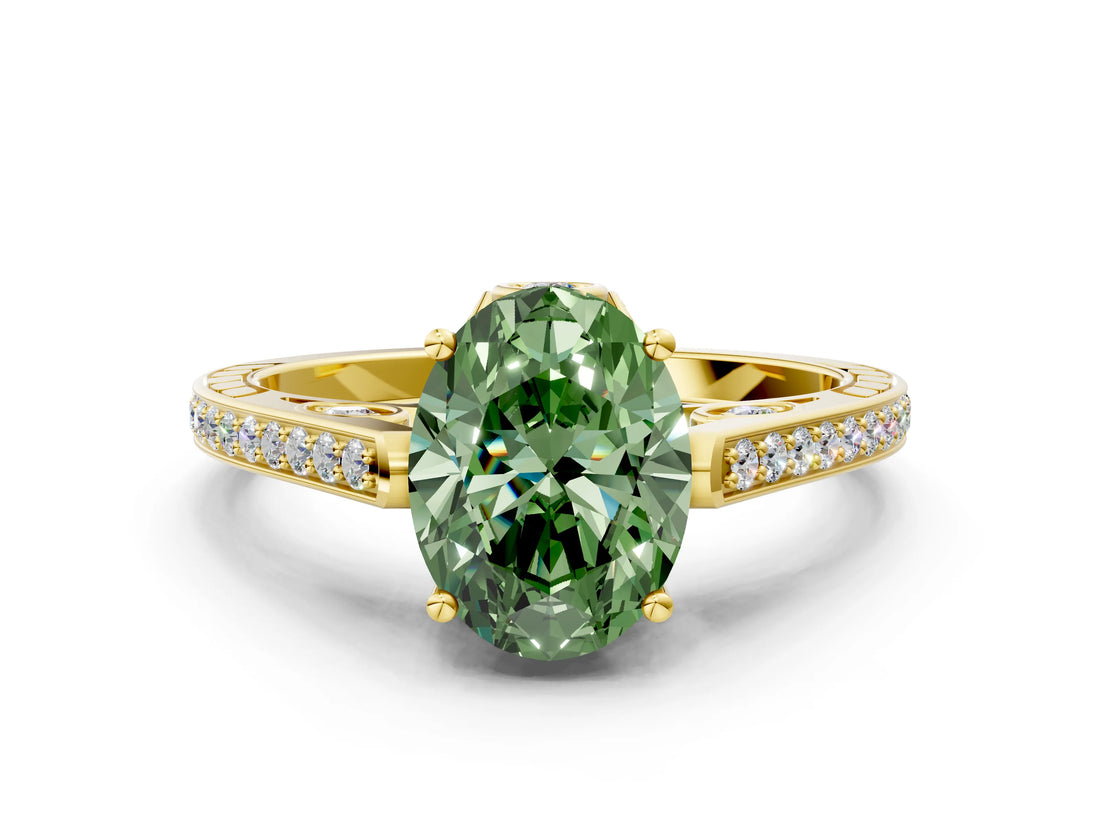 Yellow gold Fancy Green Oval  Cut Cathedral Pave Diamond Engagement Ring with Six-Prong Setting_32