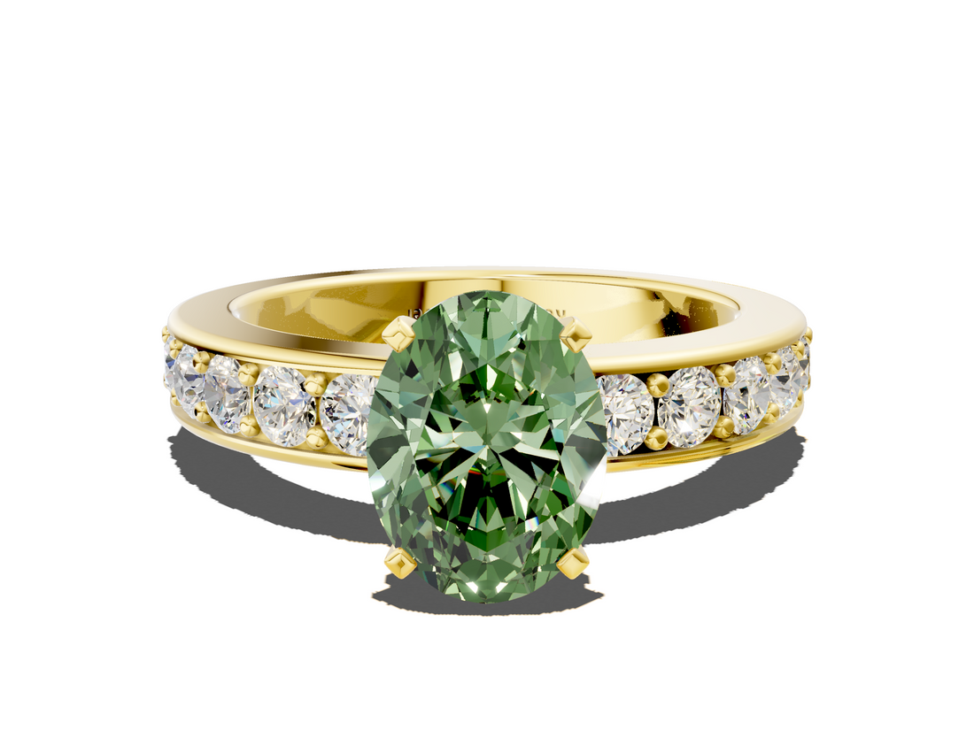 Yellow gold Fancy Green Oval  Cut Channel Set Diamond Engagement Ring with Four-Prong Setting_224
