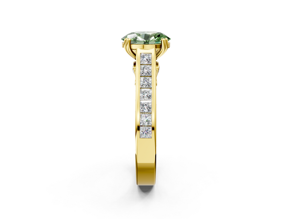 Yellow Gold Oval Channel Set Solitaire Engagement Ring Setting for Fancy Green Center with Double Claw Prongs