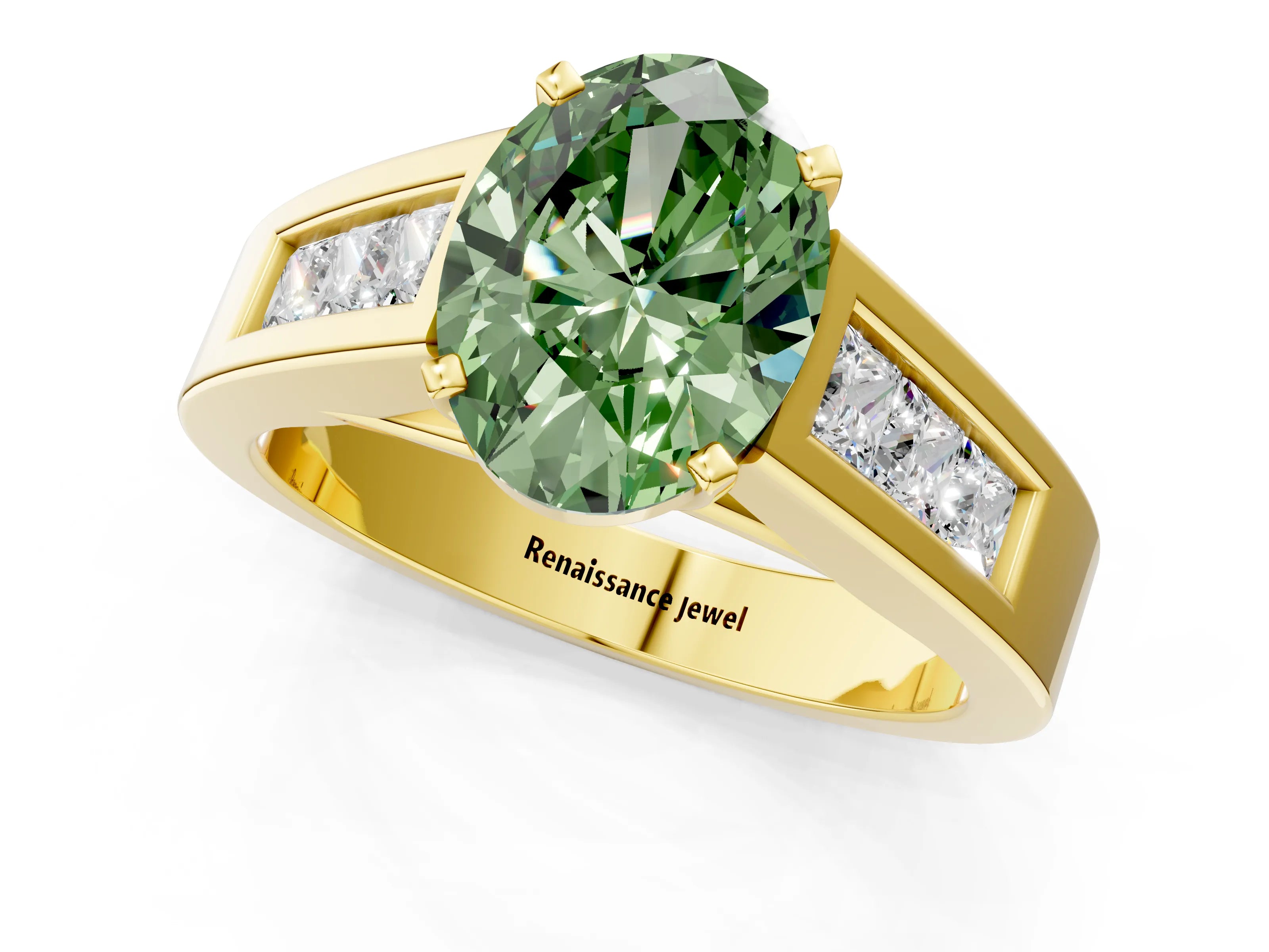 Yellow gold Fancy Green Oval Cut Cut Channel Set Solitaire Ring with Four-Prong Setting_1