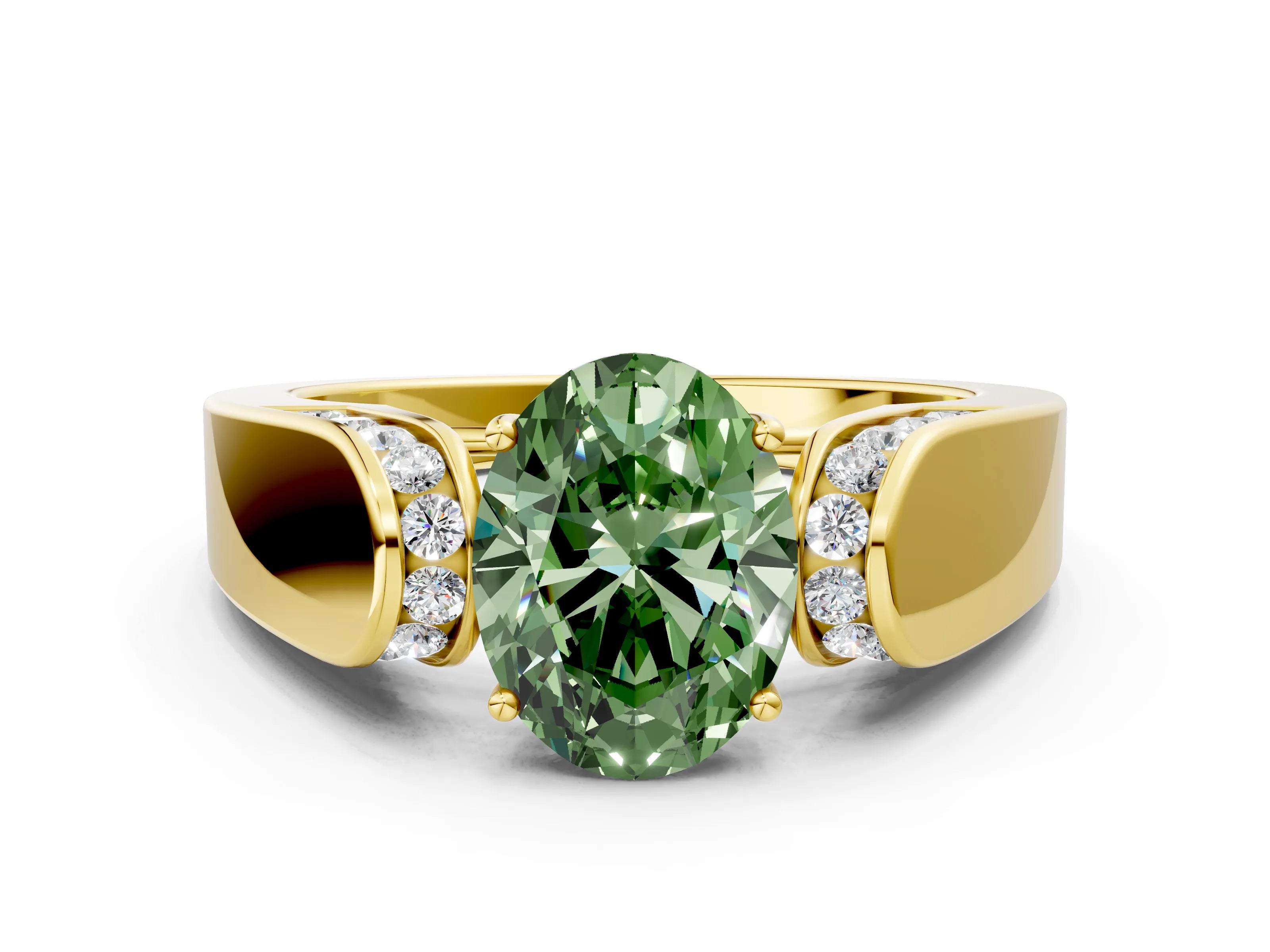 Yellow gold Fancy Green Oval Cut Cut Diamond Channel Set Solitaire Ring with Four-Prong Setting