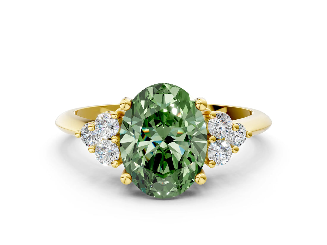 Yellow gold Fancy Green Oval Cut Cut Diamond Cluster Ring with Solitaire Band and Four-Prong Setting_12