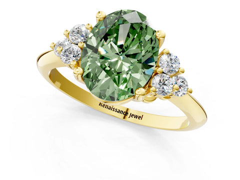 Yellow gold Fancy Green Oval Cut Cut Diamond Cluster Ring with Solitaire Band and Four-Prong Setting_13