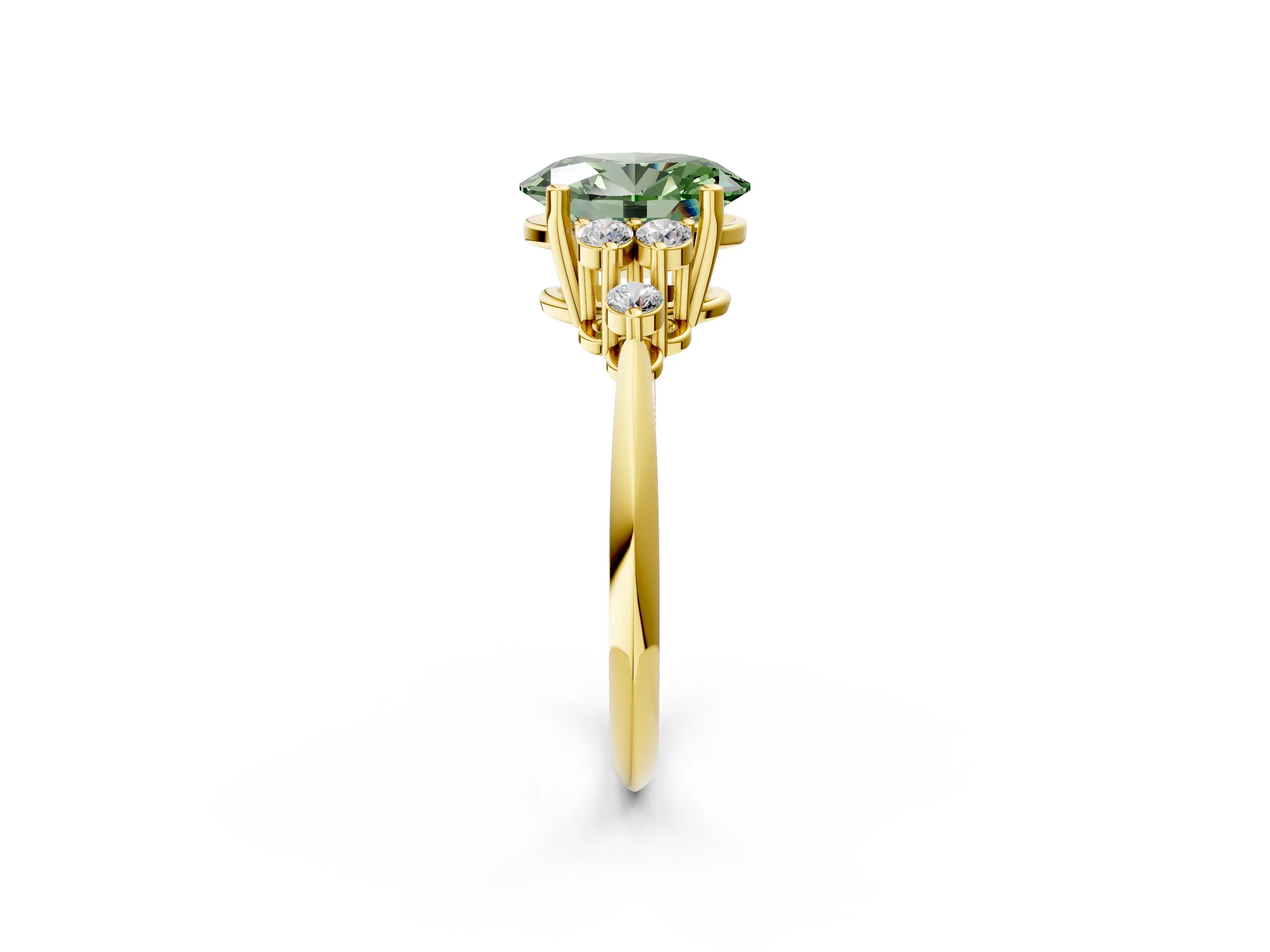 Yellow gold Fancy Green Oval Cut Cut Diamond Cluster Ring with Solitaire Band and Four-Prong Setting_14