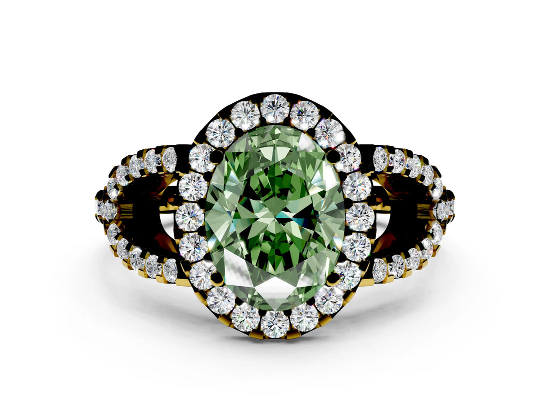 Yellow gold Fancy Green Oval Cut Cut Diamond Halo Engagement Ring with Open Split Pavé Band