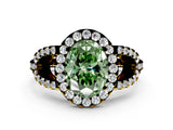 Yellow gold Fancy Green Oval Cut Cut Diamond Halo Engagement Ring with Open Split Pavé Band