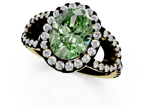 Yellow Gold Oval Split Shank Pave Halo Engagement Ring Setting for Fancy Green Center