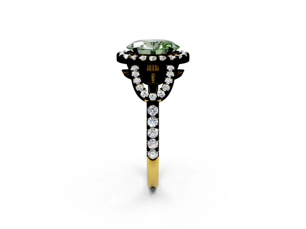 Yellow Gold Oval Split Shank Pave Halo Engagement Ring Setting for Fancy Green Center