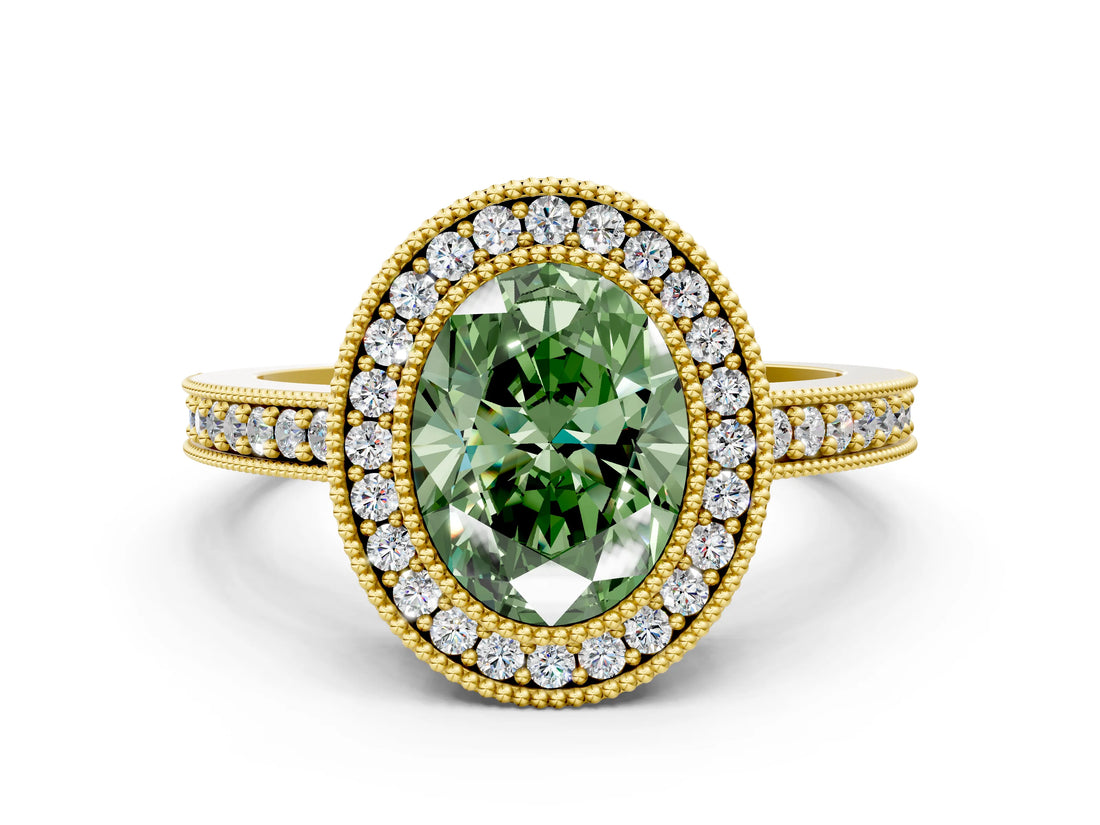 Yellow gold Fancy Green Oval Cut-Cut Diamond Halo Engagement Ring with Pave Band and Prong Setting