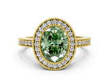 Yellow gold Fancy Green Oval Cut-Cut Diamond Halo Engagement Ring with Pave Band and Prong Setting