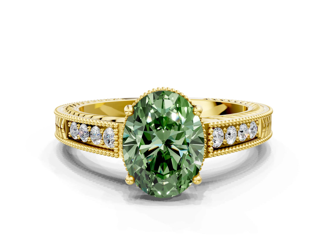 Yellow gold Fancy Green Oval Cut Cut Diamond Milgrain Pave Band Four-Prong Setting Ring_3