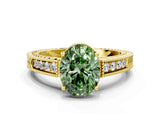 Yellow gold Fancy Green Oval Cut Cut Diamond Milgrain Pave Band Four-Prong Setting Ring_3