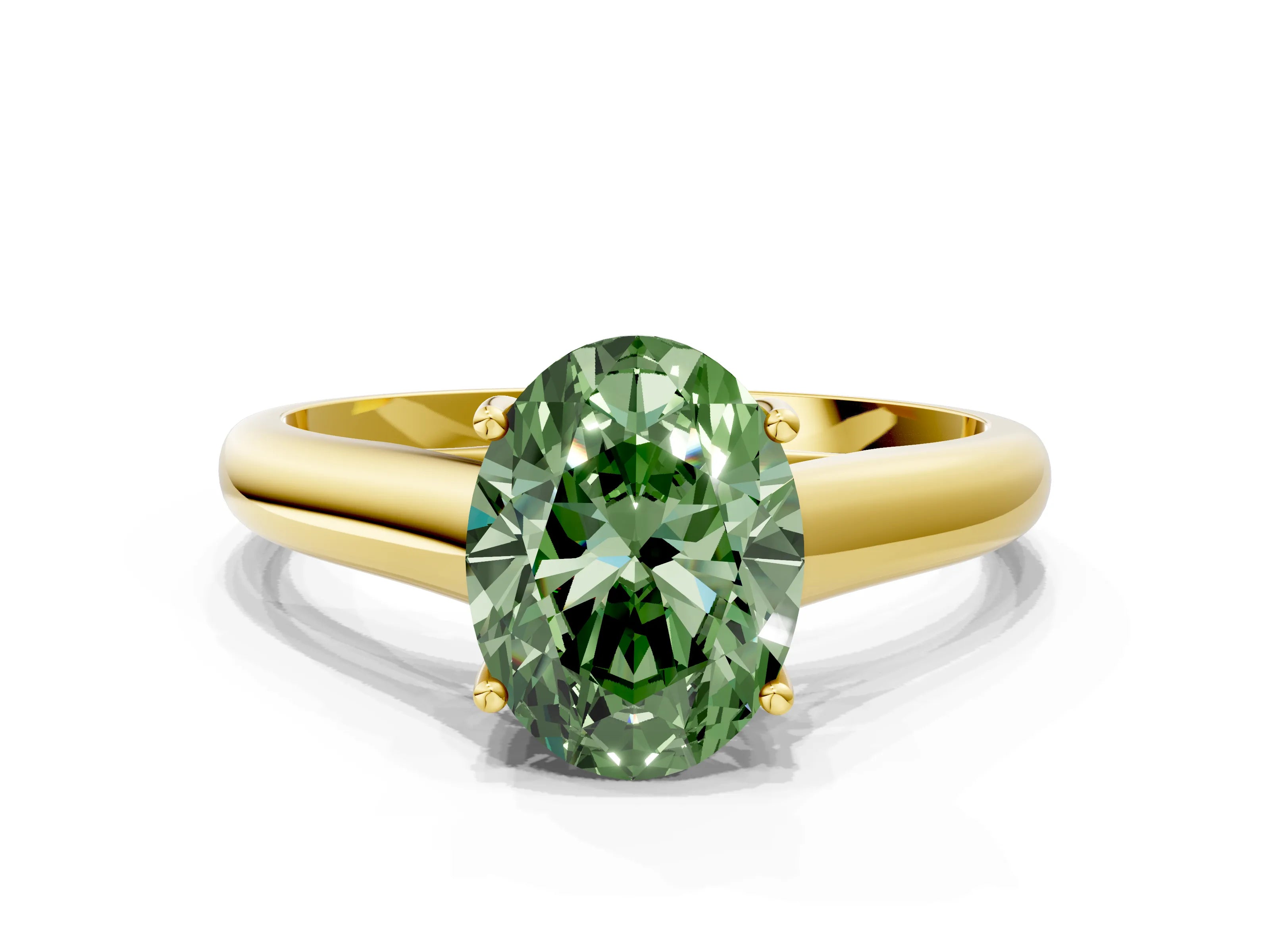 Yellow gold Fancy Green Oval Cut Cut Diamond Solitaire Engagement Ring with Tapered Plain Band and Four-Prong Setting