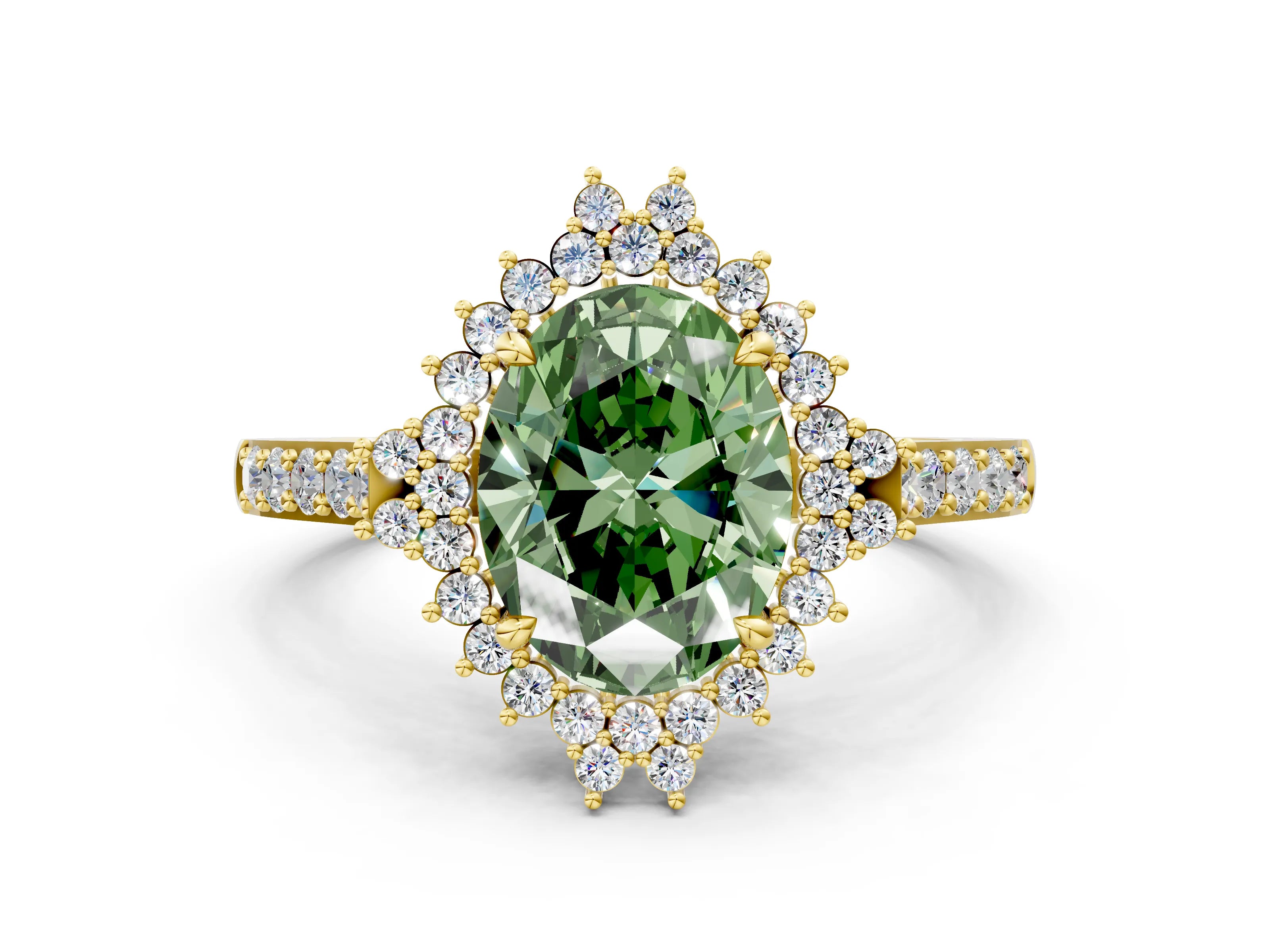 Yellow gold Fancy Green Oval Cut Cut Diamond Sunburst Halo Engagement Ring with Pavé Band