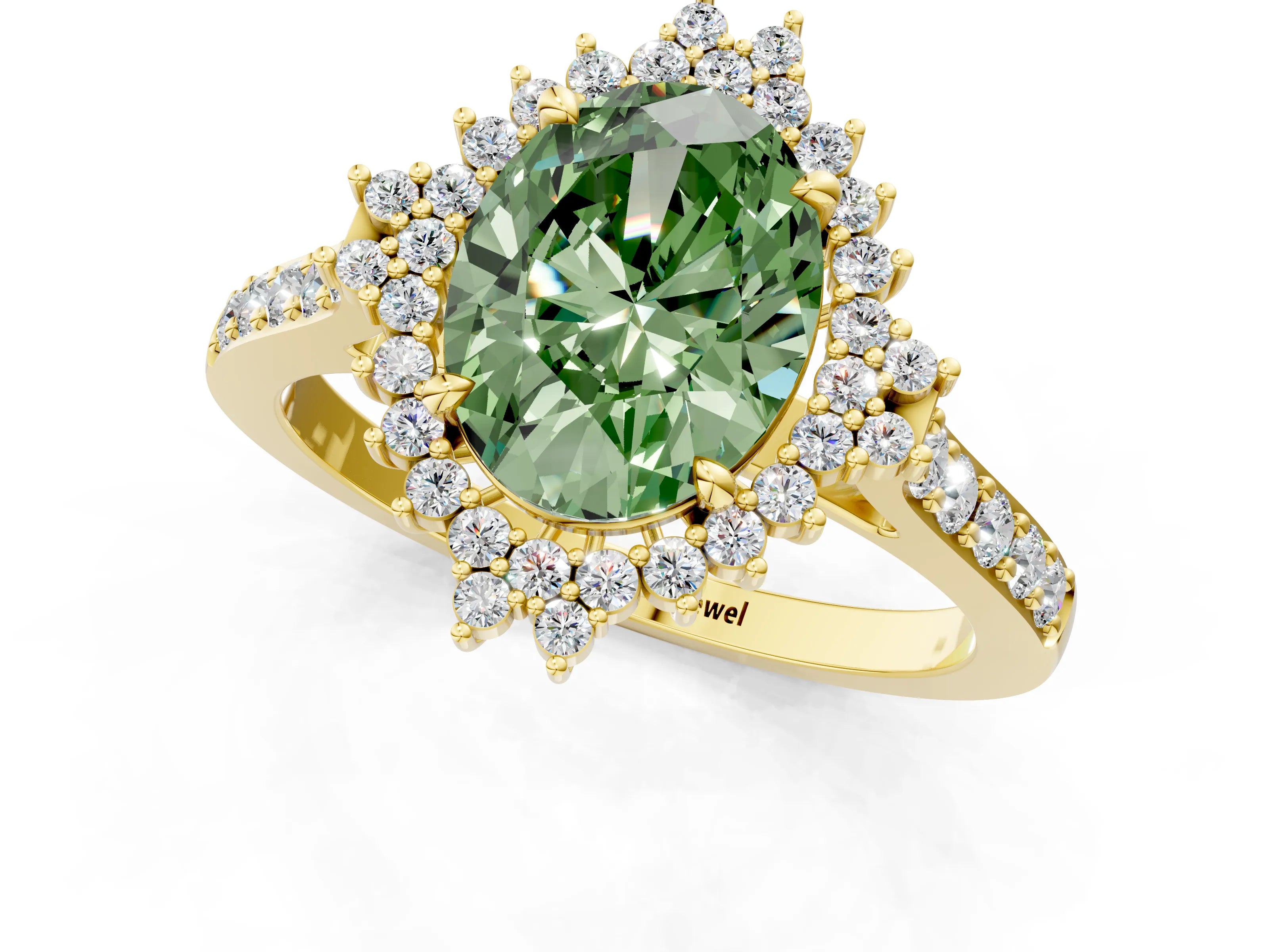 Yellow gold Fancy Green Oval Cut Cut Diamond Sunburst Halo Engagement Ring with Pavé Band_1