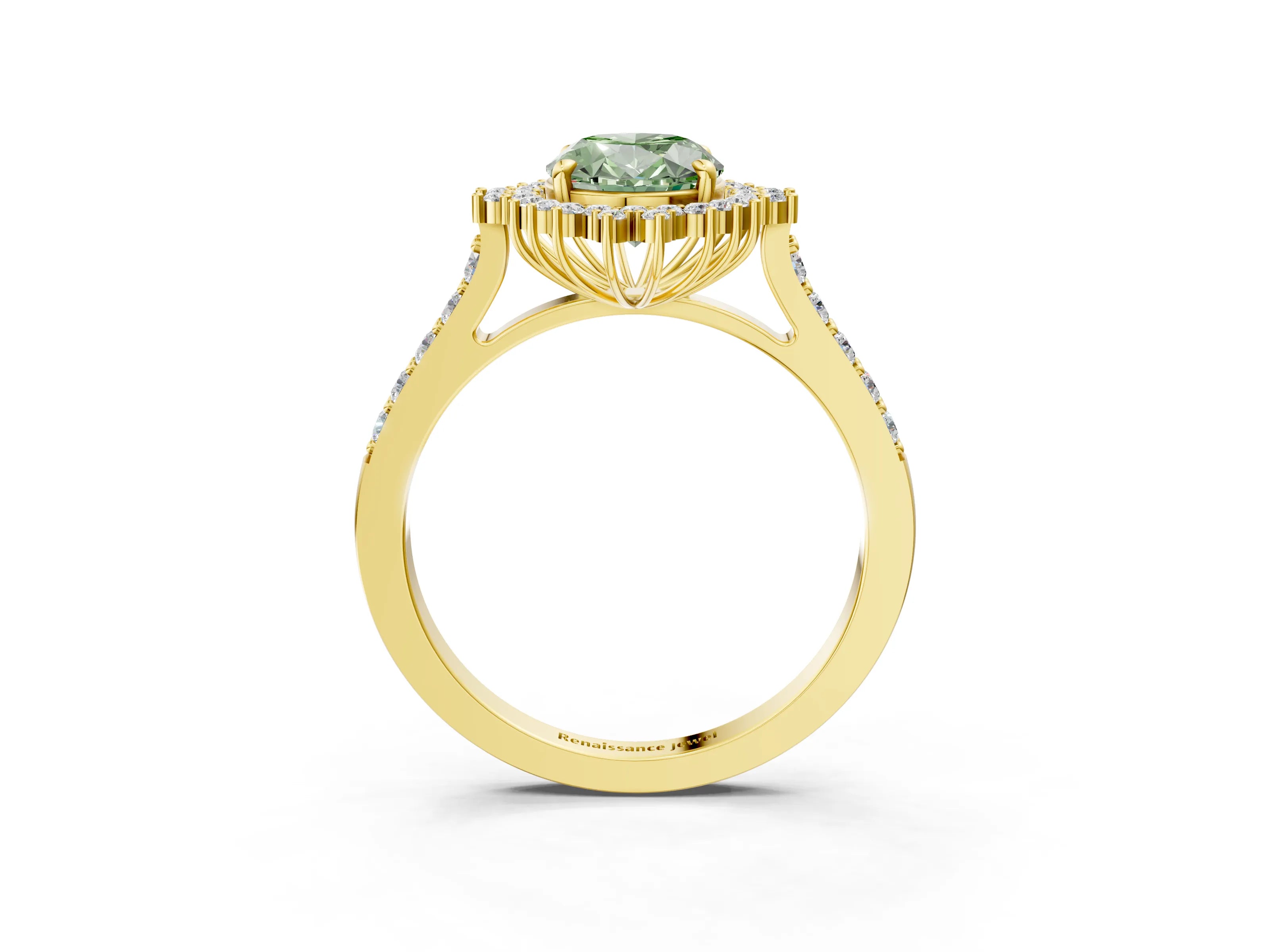 Yellow gold Fancy Green Oval Cut Cut Diamond Sunburst Halo Engagement Ring with Pavé Band_3