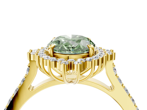 Yellow gold Fancy Green Oval Cut Cut Diamond Sunburst Halo Engagement Ring with Pavé Band_4