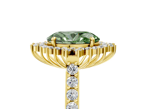 Yellow gold Fancy Green Oval Cut Cut Diamond Sunburst Halo Engagement Ring with Pavé Band_5
