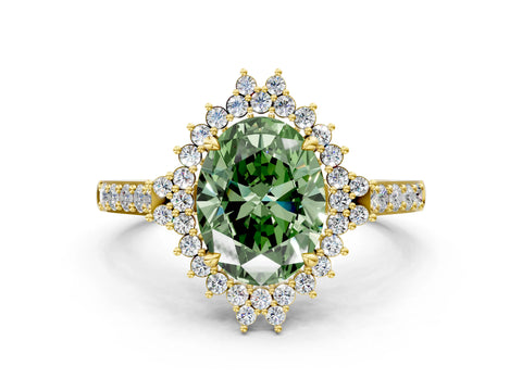 Yellow gold Fancy Green Oval Cut Cut Diamond Sunburst Halo Engagement Ring with Pavé Band