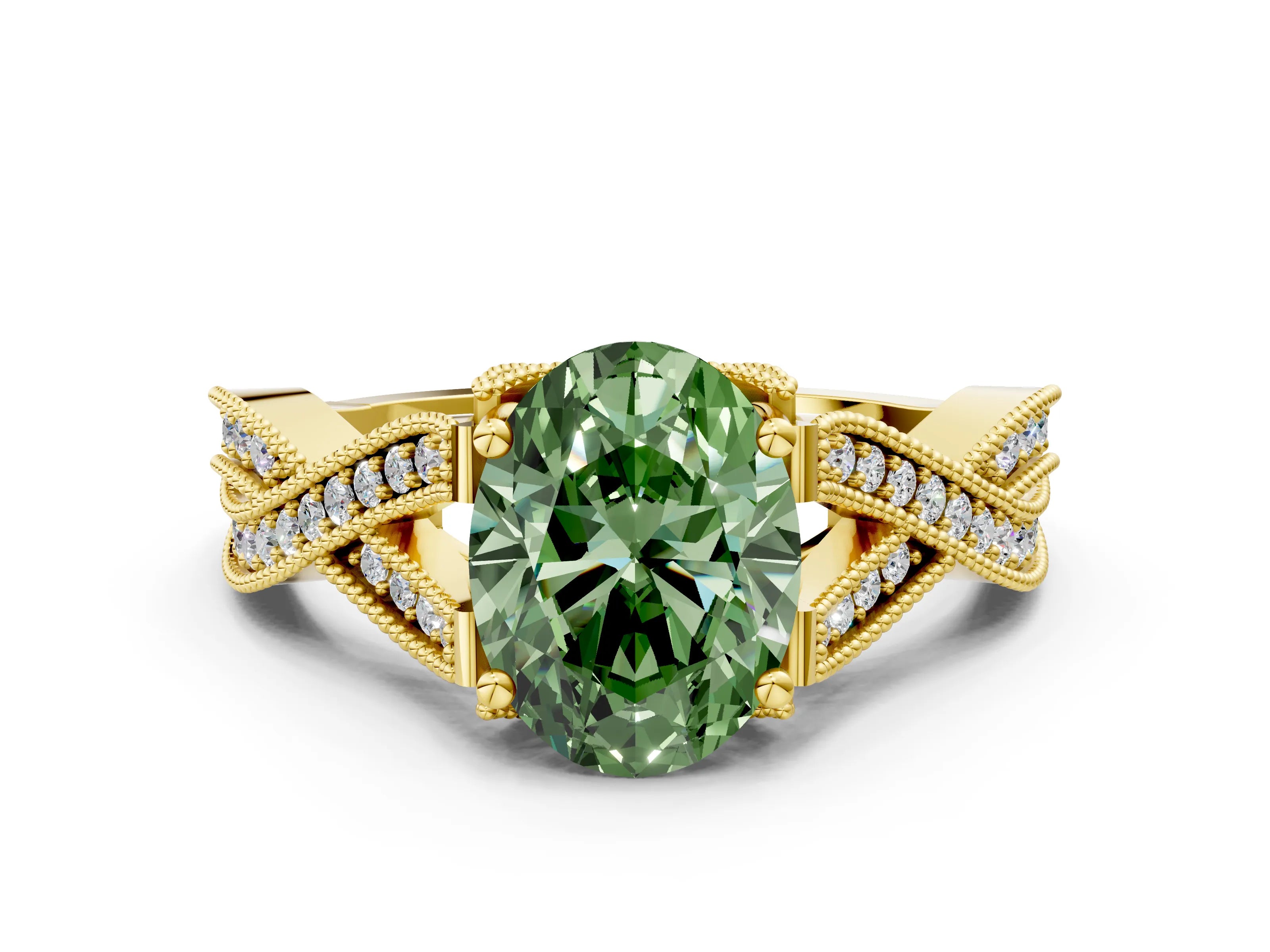 Yellow gold Fancy Green Oval Cut Cut Diamond Twisted Band with Milgrain Pave Setting and Four-Prong Setting