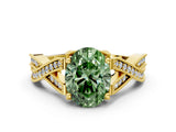 Yellow gold Fancy Green Oval Cut Cut Diamond Twisted Band with Milgrain Pave Setting and Four-Prong Setting