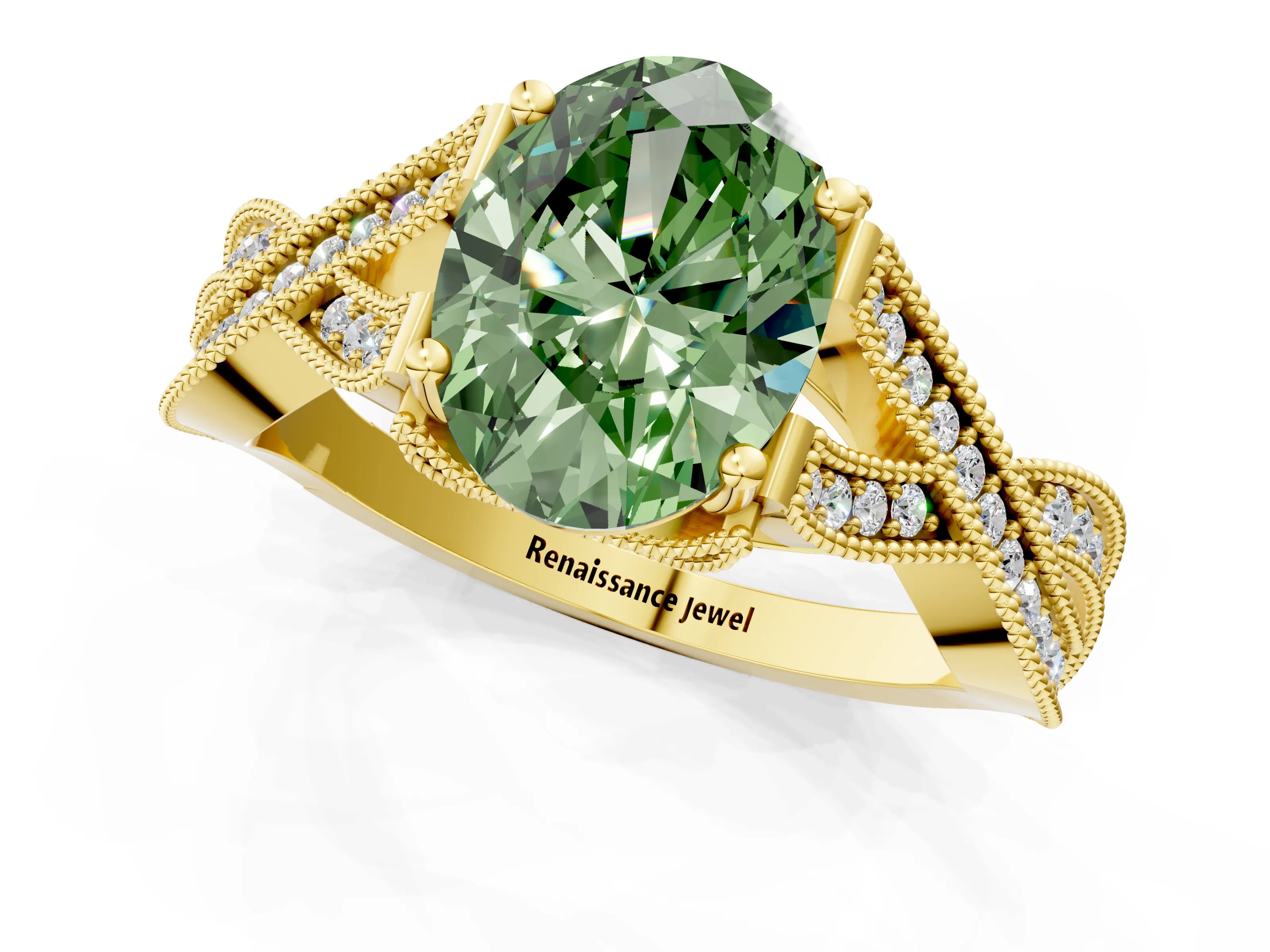 Yellow gold Fancy Green Oval Cut Cut Diamond Twisted Band with Milgrain Pave Setting and Four-Prong Setting_1