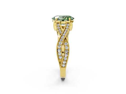 Yellow gold Fancy Green Oval Cut Cut Diamond Twisted Band with Milgrain Pave Setting and Four-Prong Setting_2