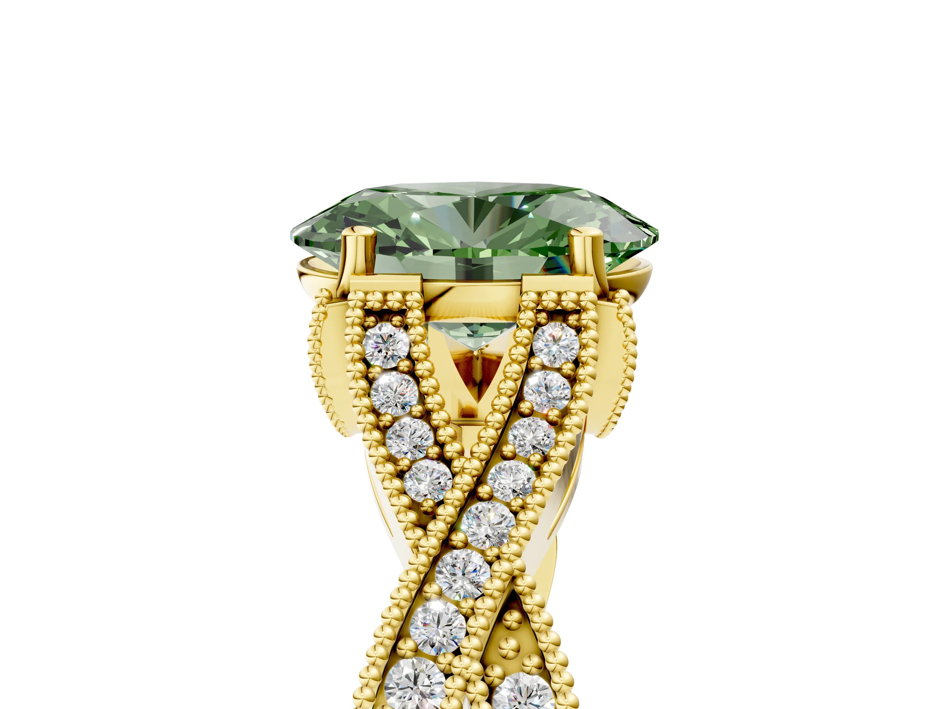 Yellow gold Fancy Green Oval Cut Cut Diamond Twisted Band with Milgrain Pave Setting and Four-Prong Setting_5