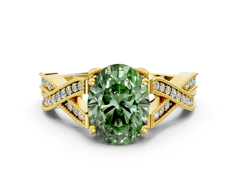 Yellow gold Fancy Green Oval Cut Cut Diamond Twisted Band with Milgrain Pave Setting and Four-Prong Setting