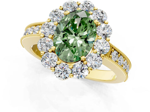 Yellow gold Fancy Green Oval Cut Cut Halo Diamond Pavé Engagement Ring with Milgrain Detailing_1