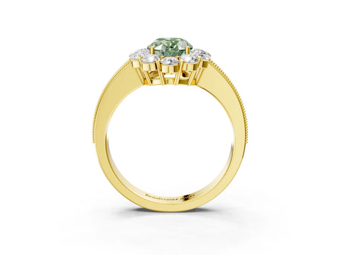 Yellow gold Fancy Green Oval Cut Cut Halo Diamond Pavé Engagement Ring with Milgrain Detailing_3